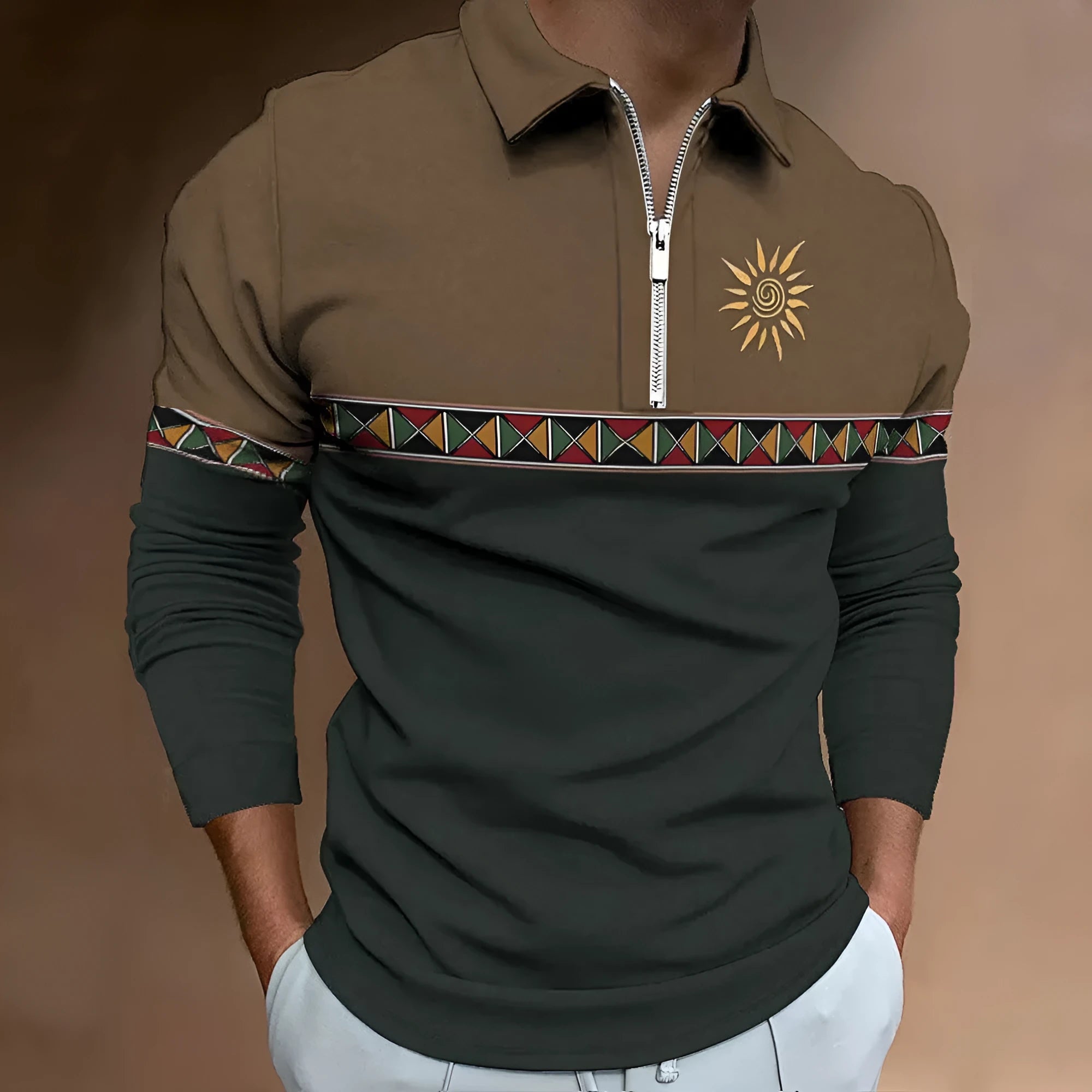 Men's loose fit long sleeve golf t-shirt with retro colour printing and zip decoration