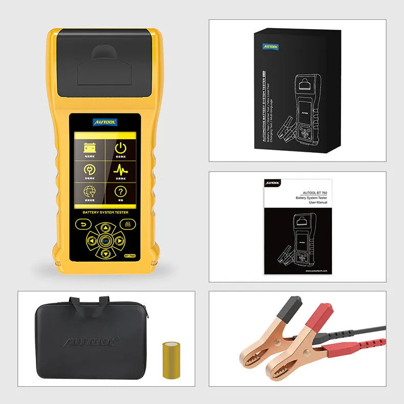 Autool BT760 digital vehicle battery tester with colour screen, thermal printer, and battery clip connectors