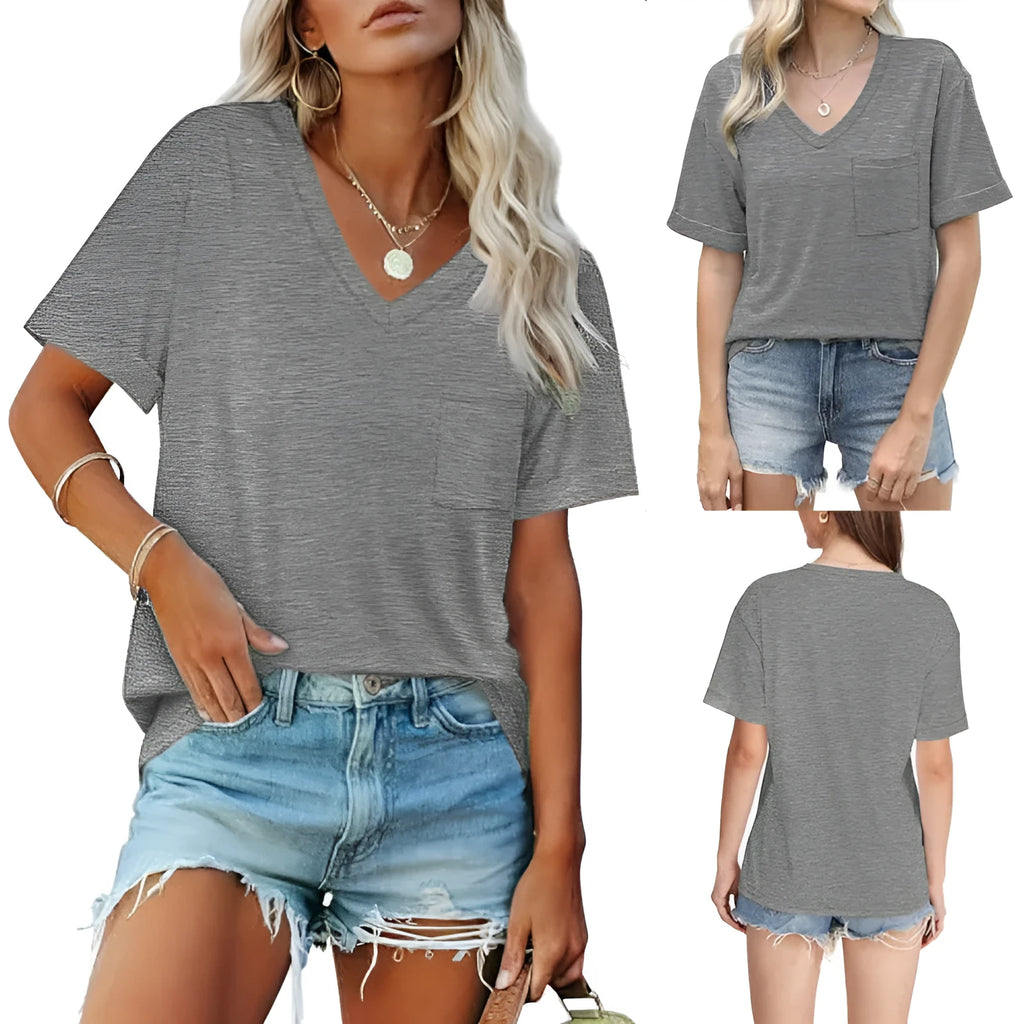 Grey loose V-neck T-shirt with front pocket and short sleeves