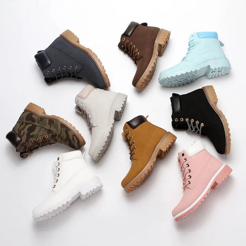 Pink Martin boots with velvet lining, flat bottom low heel, and front lace-up closure