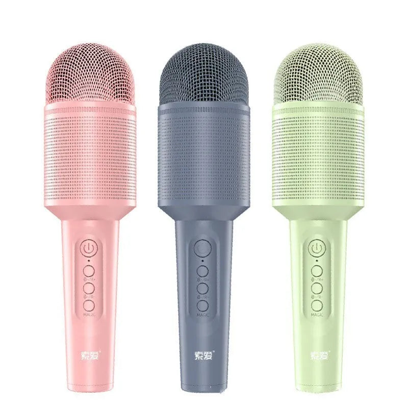 Wireless Bluetooth karaoke microphone in girly pink, sapphire blue and mint green colour options with USB connection