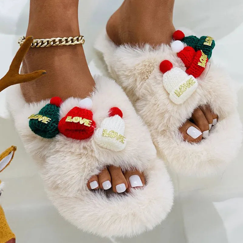 Women's Christmas hat design slippers with hairy faux plush upper, rubber sole, in black, khaki, or white.