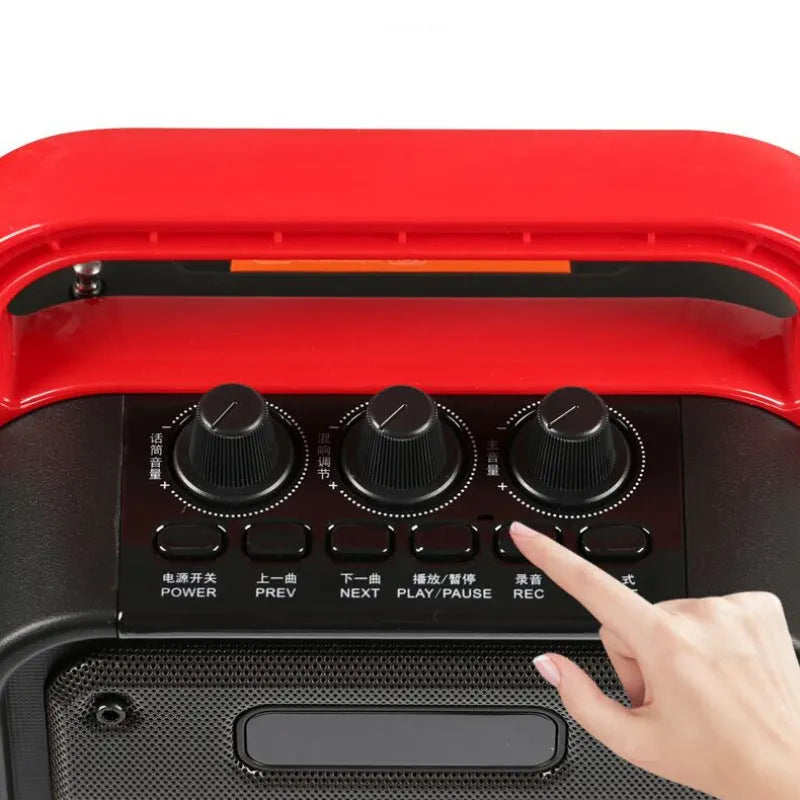 MS62AI portable Bluetooth speaker with wireless microphone and remote control on table