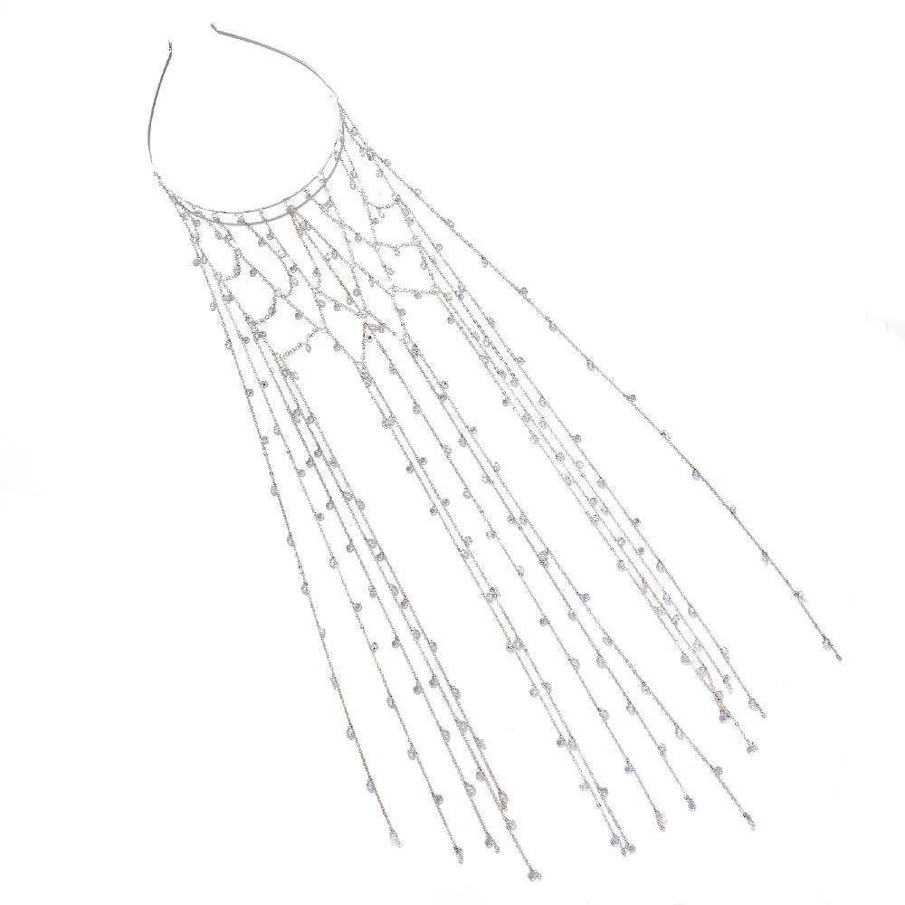Mesh rhinestone headband with tassel decoration in gold or silver electroplated finish