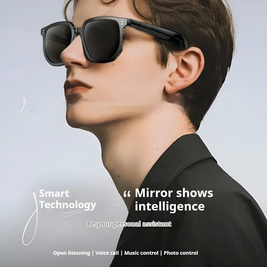 Black smart glasses with Bluetooth calling and audio functions, UV protection lenses