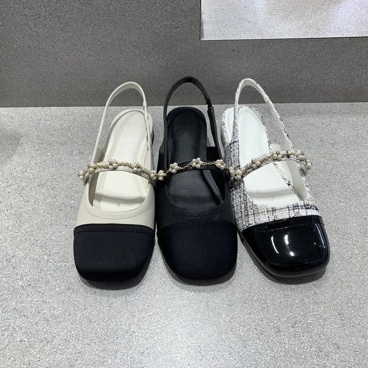 New flower square head elastic band shallow mouth flat bottom fashion shoes for women in beige with patent leather upper and rubber sole