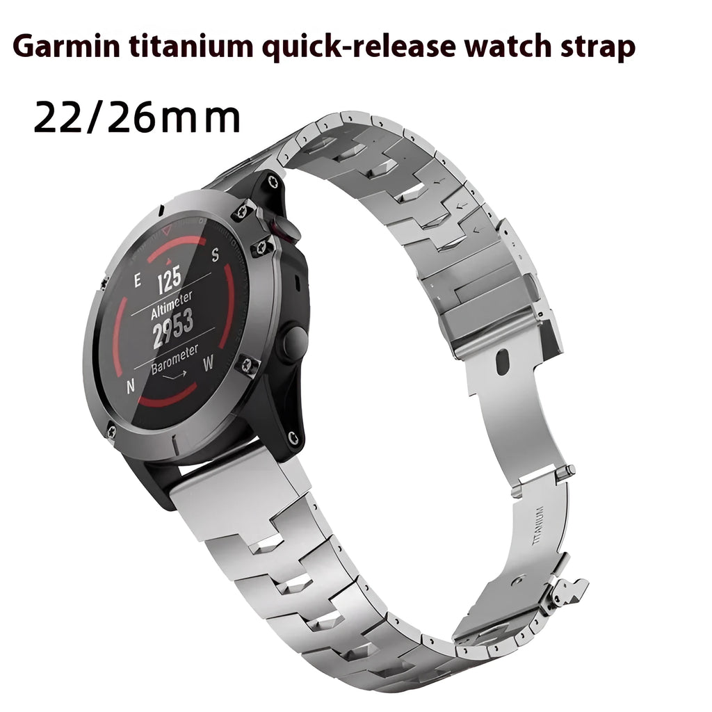 Metallic replacement watch strap for Garmin Fenix and Jiaming watches in silver, black or titanium colour.