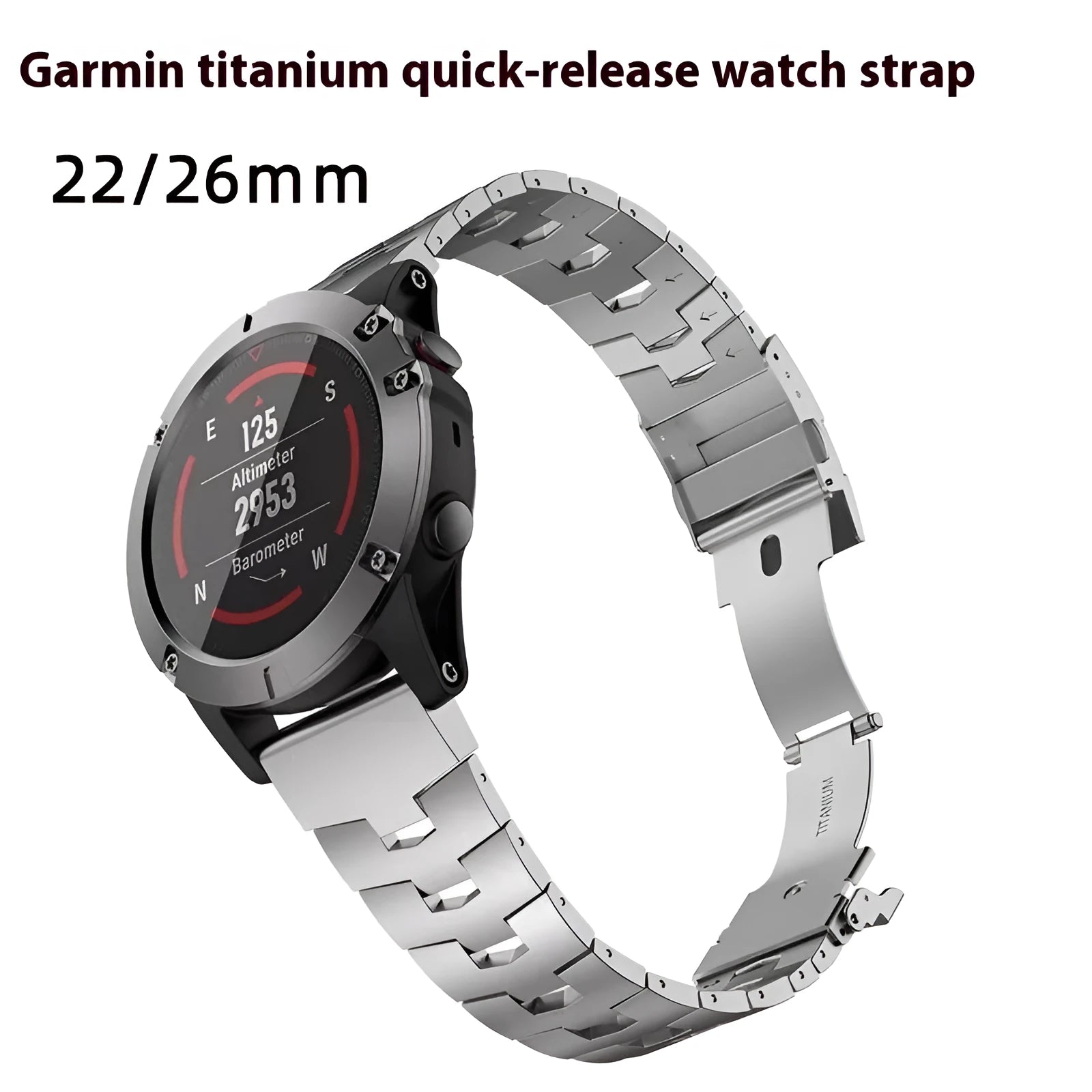Metallic replacement watch strap for Garmin Fenix and Jiaming watches in silver, black or titanium colour.