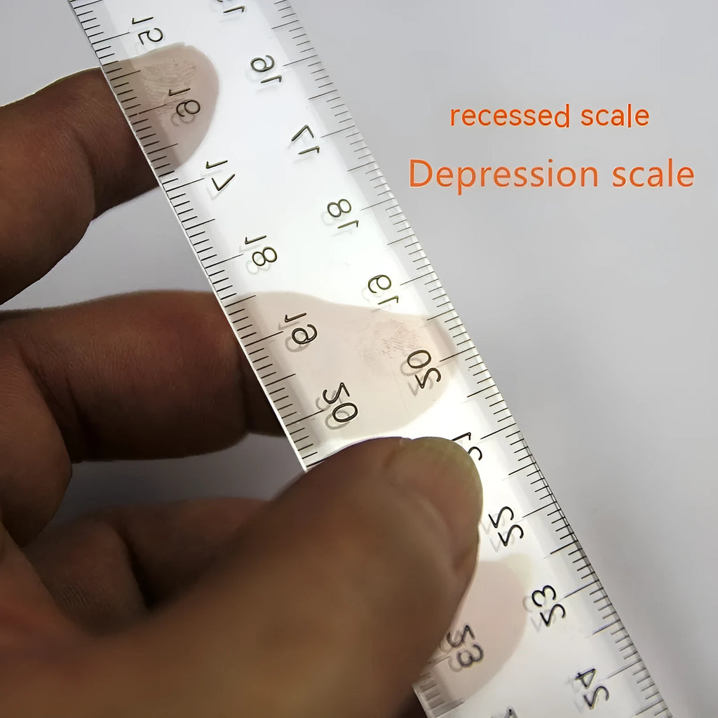 Transparent and orange plastic T-square rulers with British and dual centimetre scales for student design