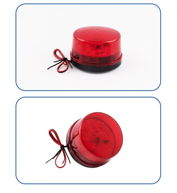 Small cylindrical warning alarm light with flashing beacon and audible alert for fire protection systems