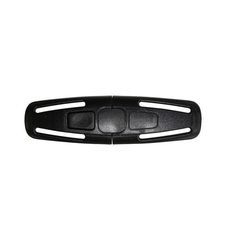 Black nylon seat belt buckle clip for child car seat 5-point harness, measuring 14.5cm by 4cm