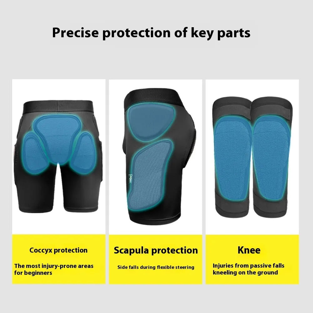 X-ray diffraction skiing protective gear set showing slim hip pads and multiple-protection knee pads.