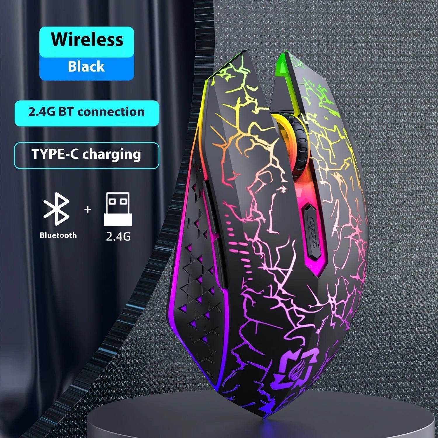 Black or white wireless gaming mouse with breathing light, 2.4G Bluetooth dual-mode, silent click, rechargeable, 132x72.3x42mm dimensions