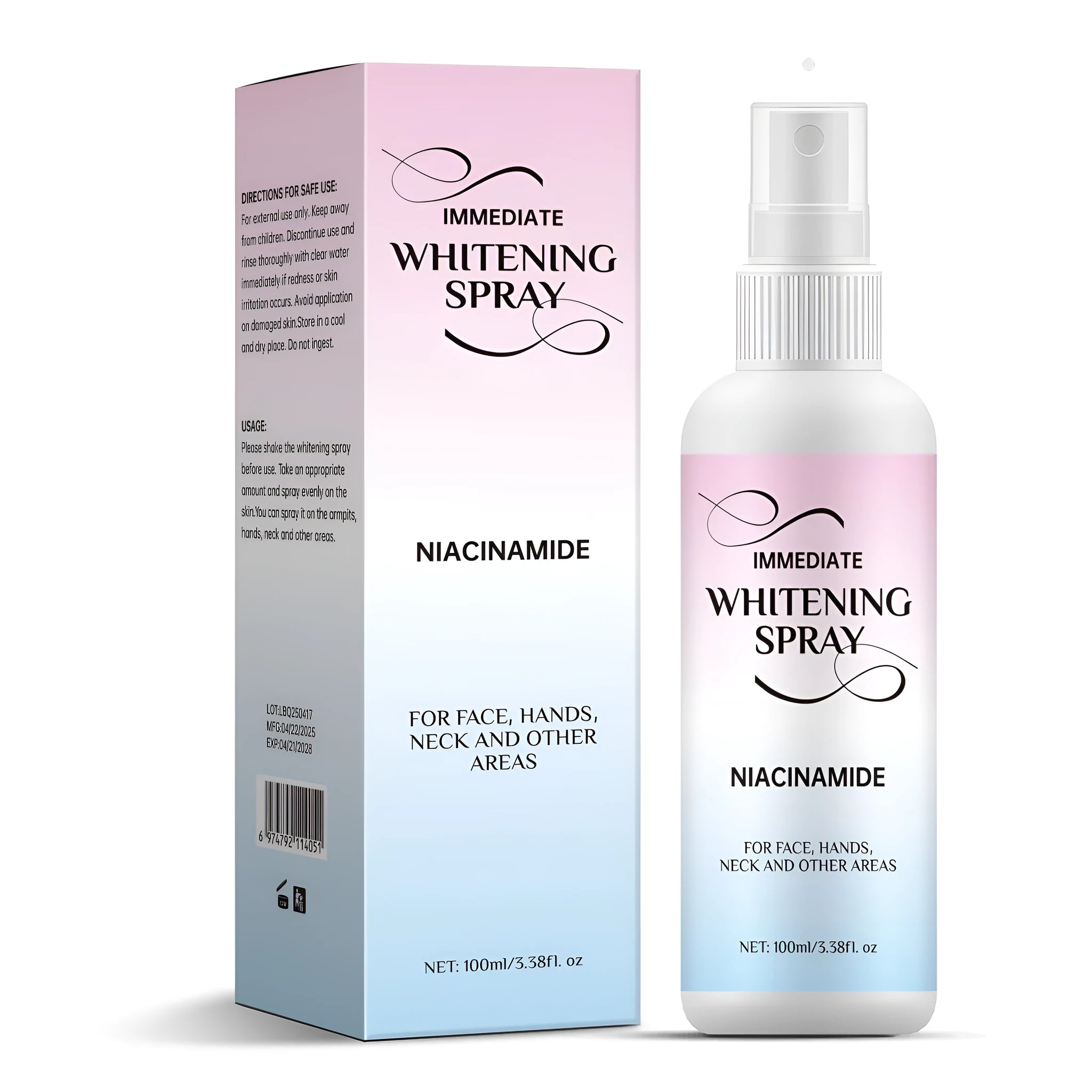 Portable 100ml whitening spray bottle with pump applicator, labelled as sweat-proof.