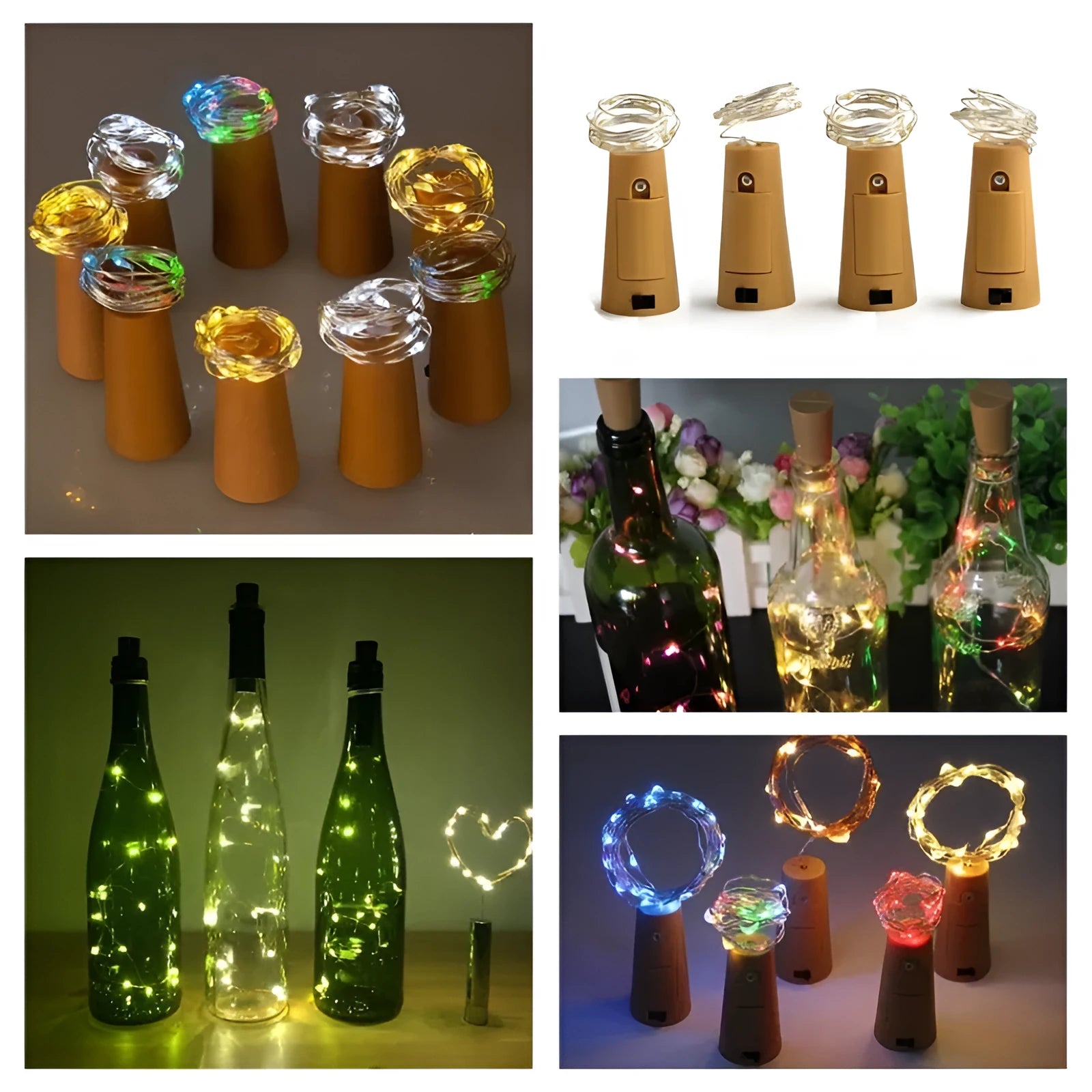 Bendable copper wire LED string light with 20 bulbs and a plastic bottle stopper for decorative lighting