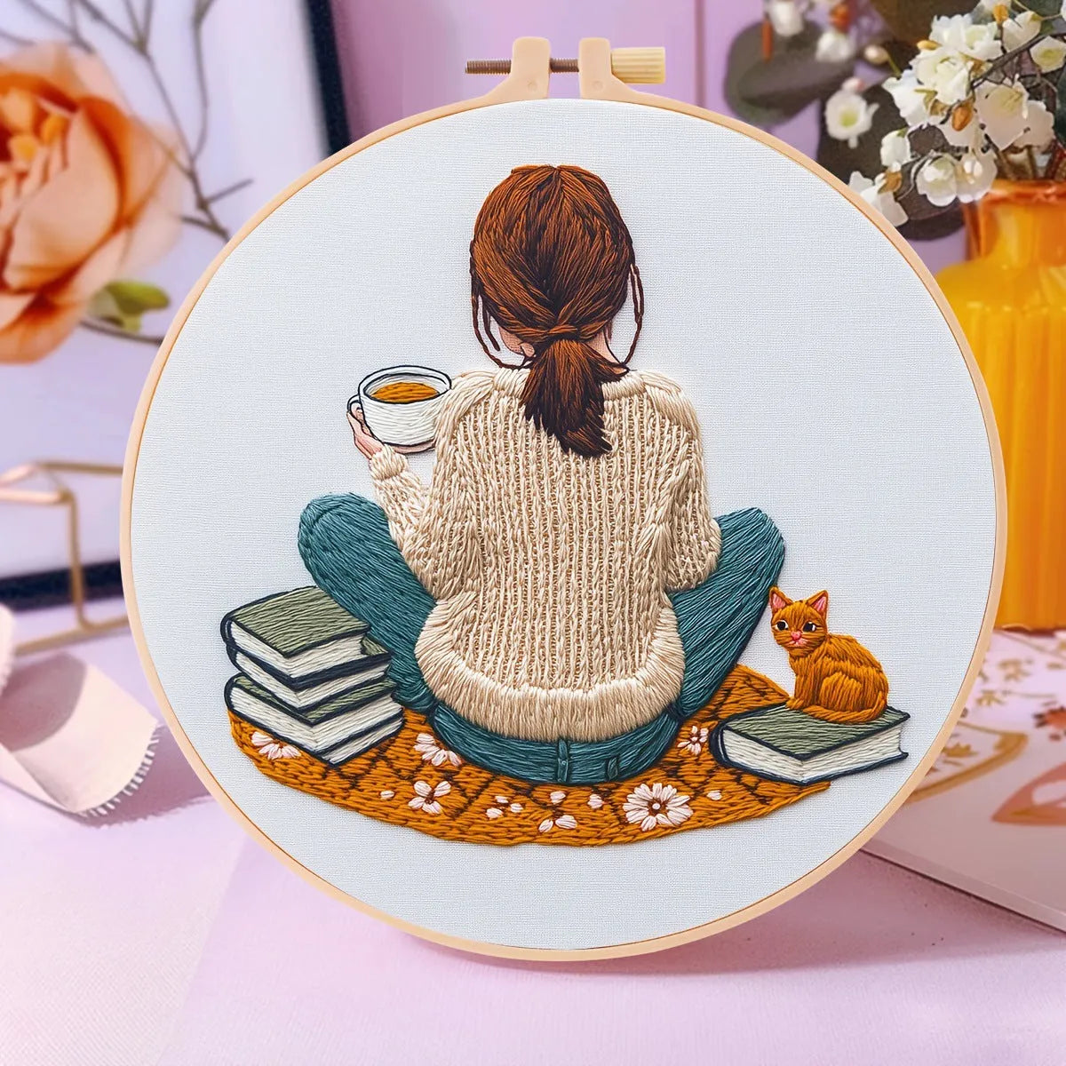 Embroidered sunflower egg flower material package with handmade embroidery kit in cute cartoon style