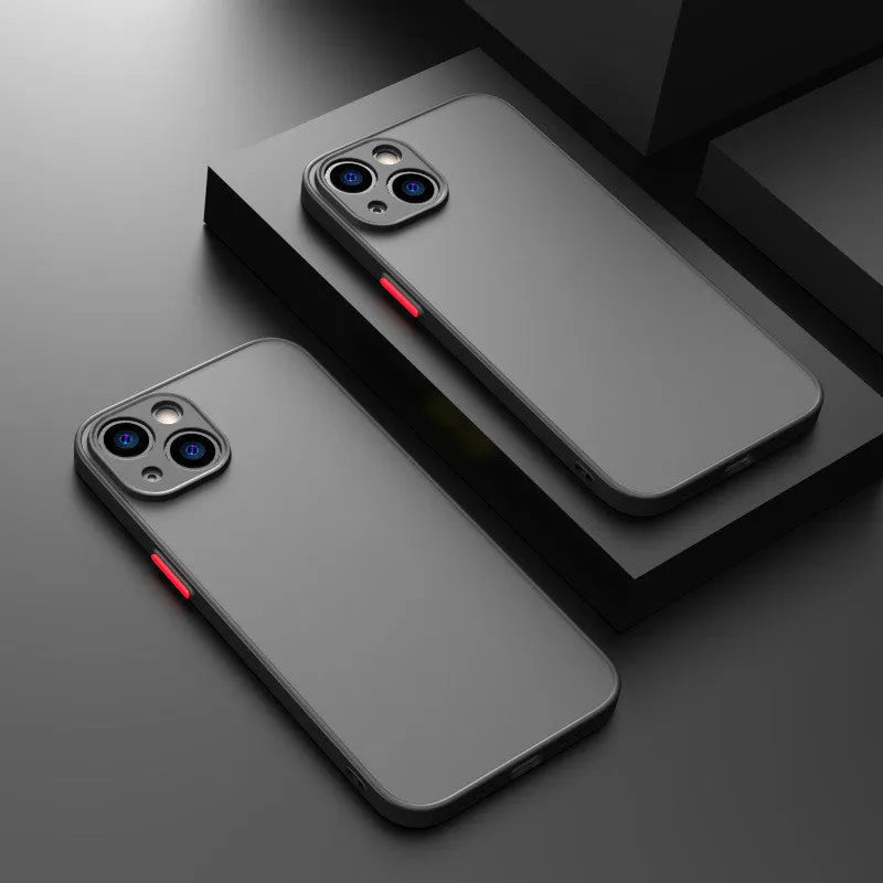 Fine hole skin-sensing frosted hard phone case for iPhone on a solid colour background.