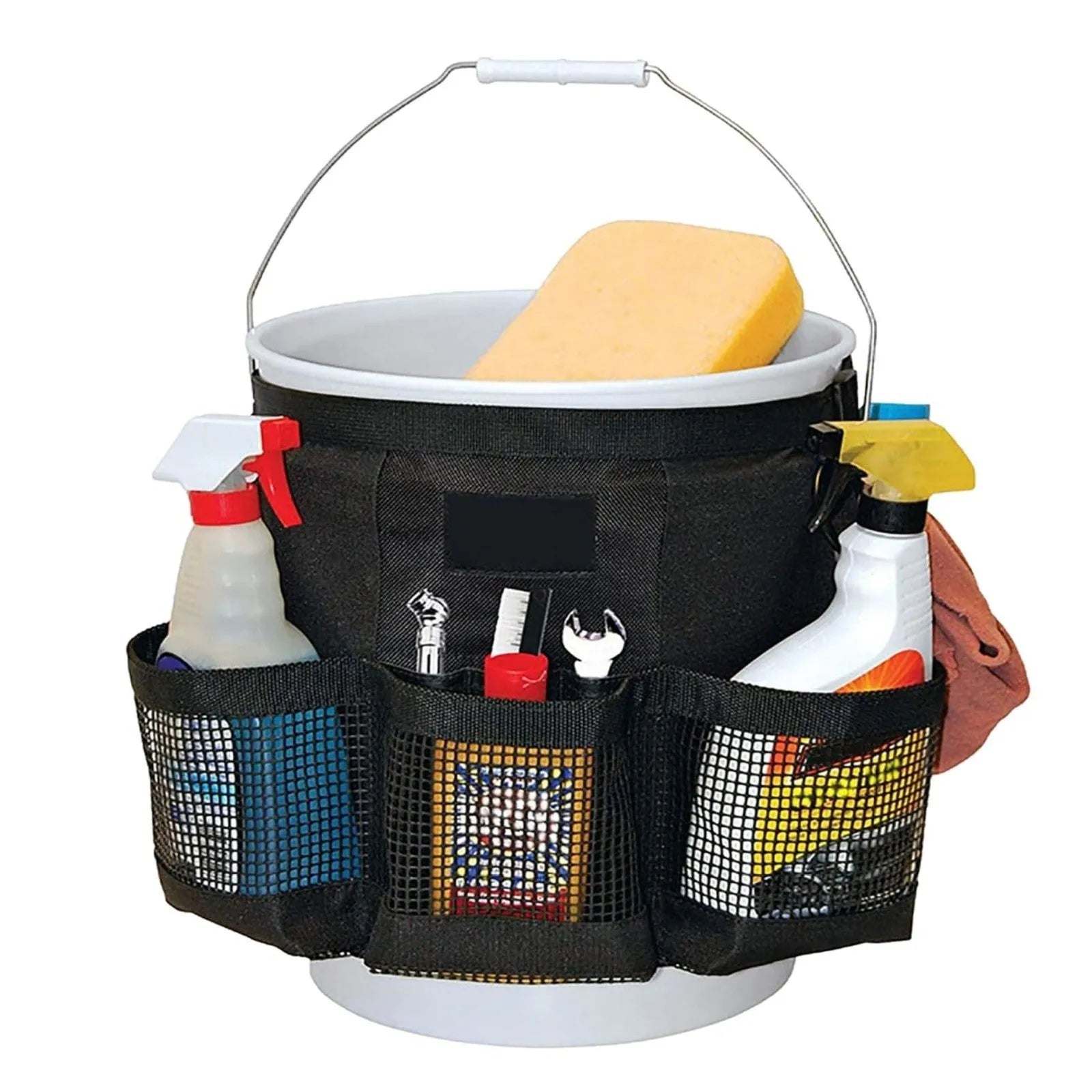 Black cylindrical polyester storage bag hanging from buggy attachment, compatible with 5 gallon barrel