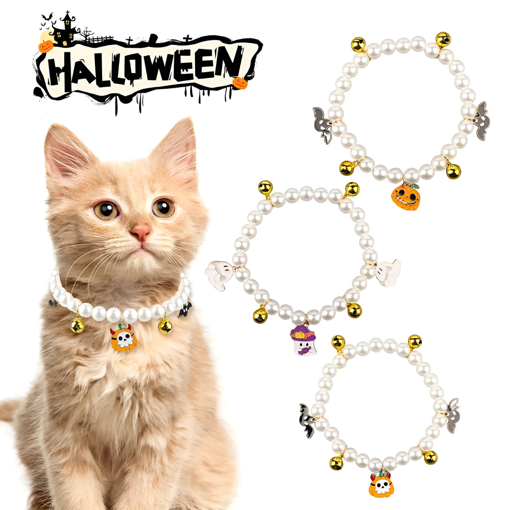Halloween-themed cat collar with simulated pearl beading showing purple ghost pumpkin design.