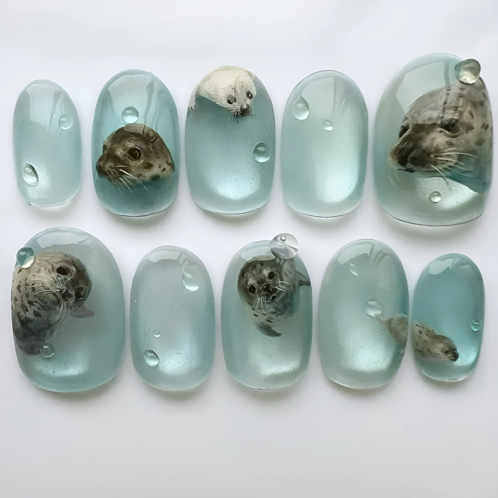 Cat eye summer ocean detachable false nails in short oval shape with glue