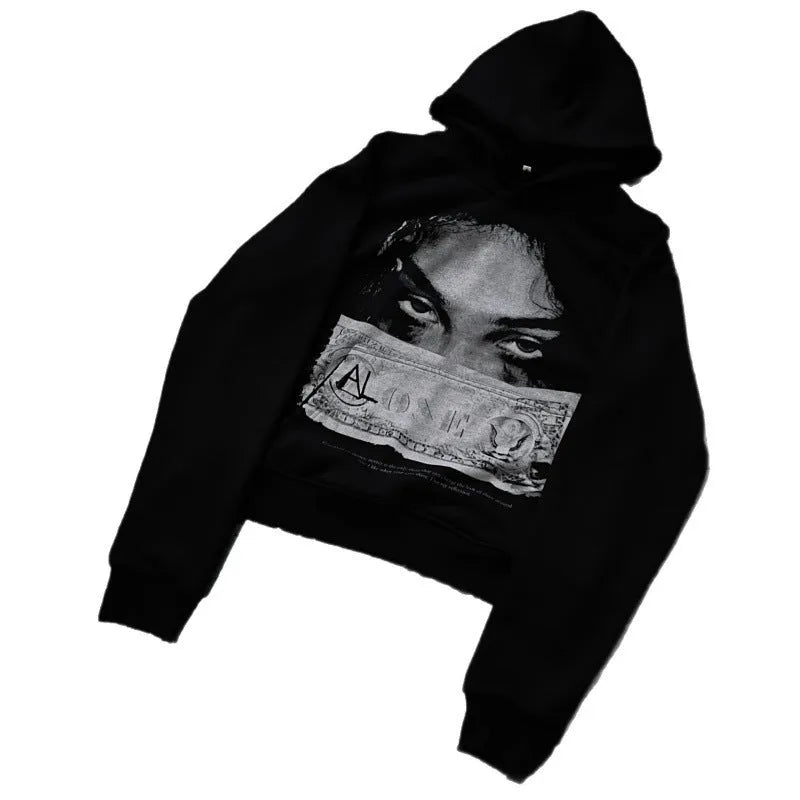 Women's dark printed cartoon pattern hooded sweater, loose fit, polyester fabric, black, sizes S to 5XL
