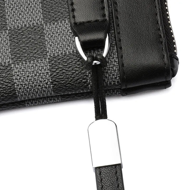 Men's black leather clutch wallet made from genuine cowhide measuring 20cm by 10cm
