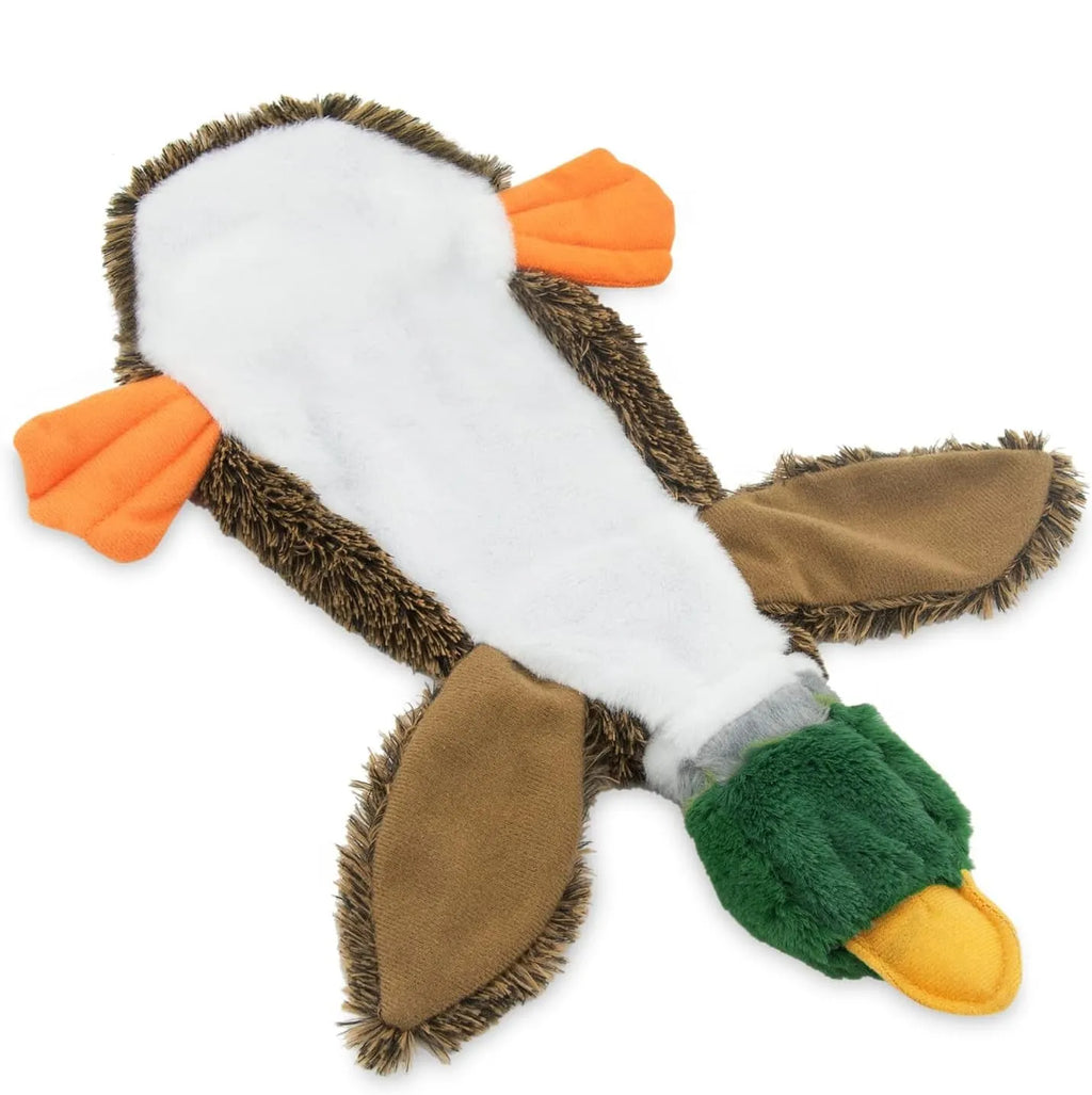 Green wild duck shaped stuffless plush dog toy with squeakers, shown with a plastic bottle next to it.