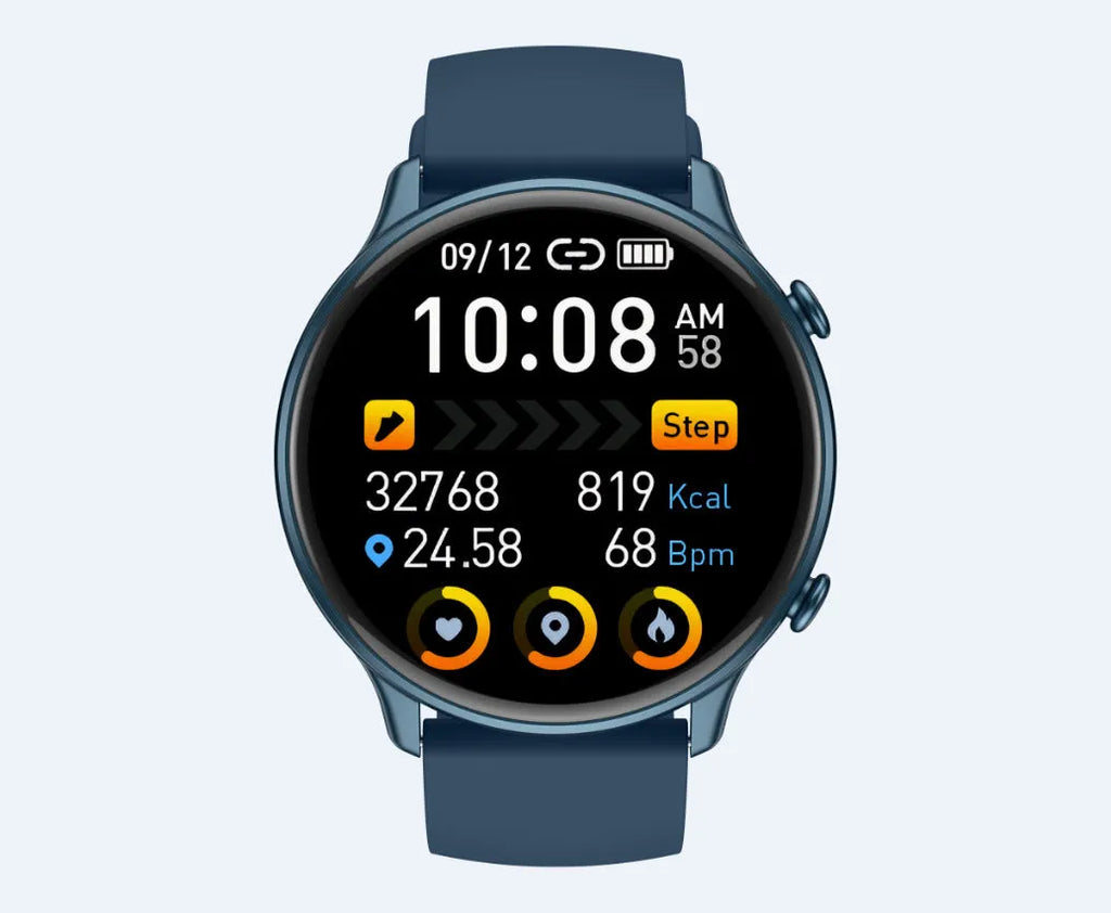 Round touch screen smart sports watch with silicone strap in black, blue, or pink colours