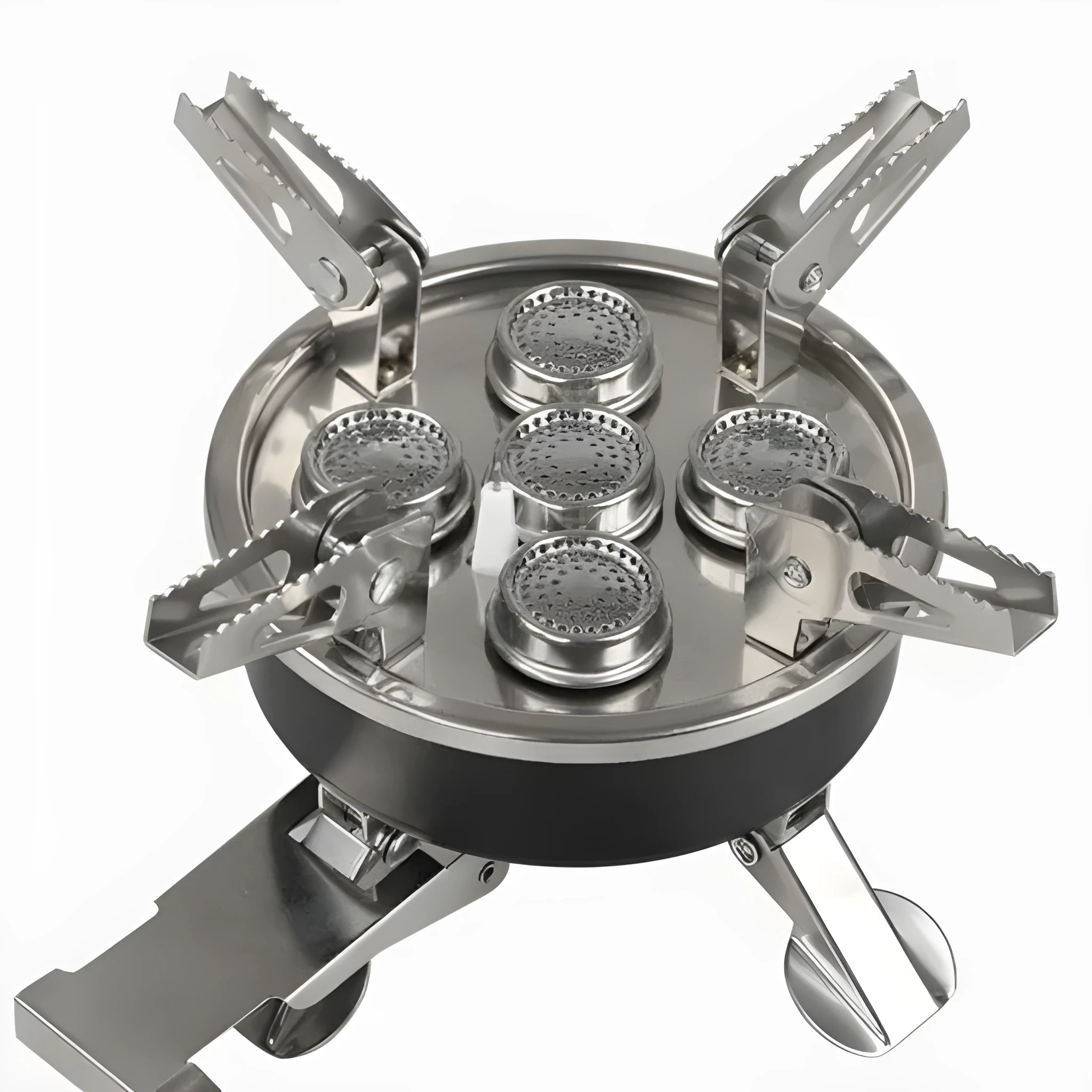 Silver stainless steel foldable split camping stove with copper fittings and extended hose