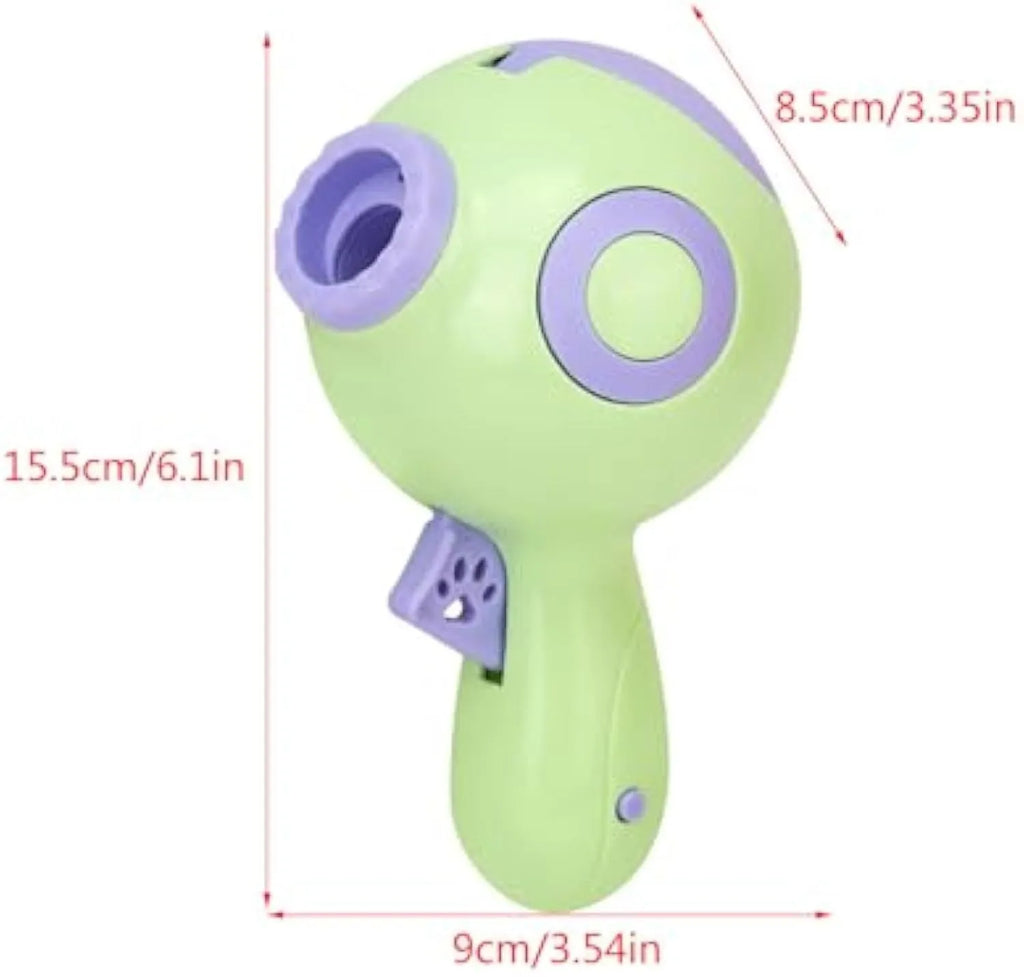 Green dog treat launcher toy measuring 15.5 × 9 × 8.5 cm for interactive play and remote feeding