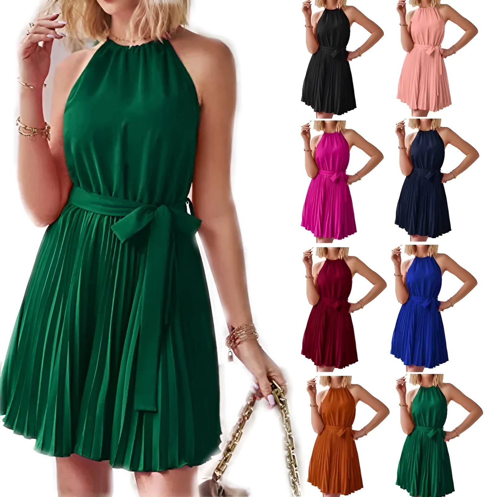 Women's black chiffon halter strapless dress with pleated midi skirt and waist belt.