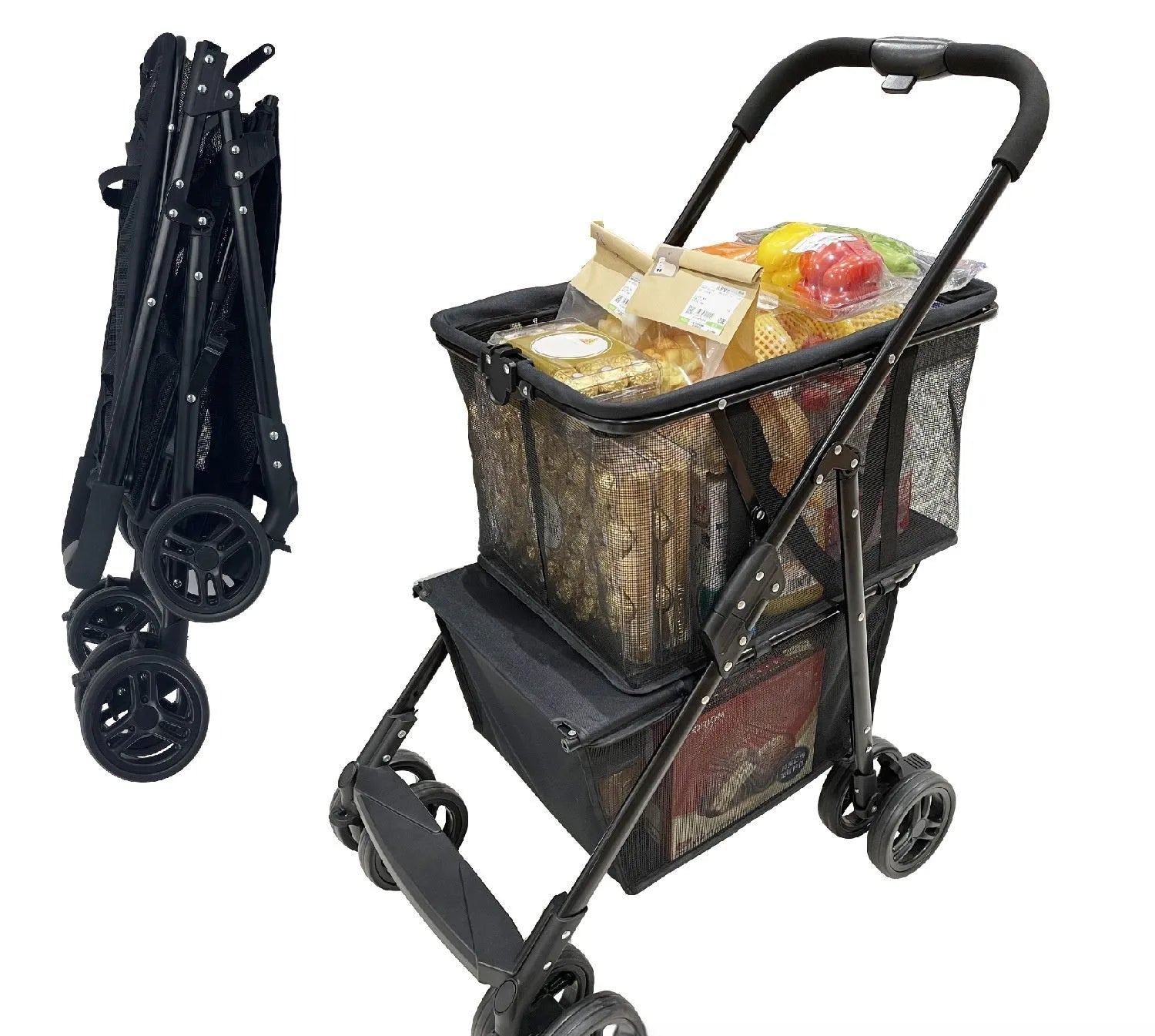 Black foldable shopping cart with carbon steel frame and 20kg capacity for outdoor and household use