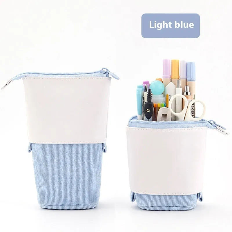 Korean-style telescopic corduroy stationery case in six colour options including purple and green.