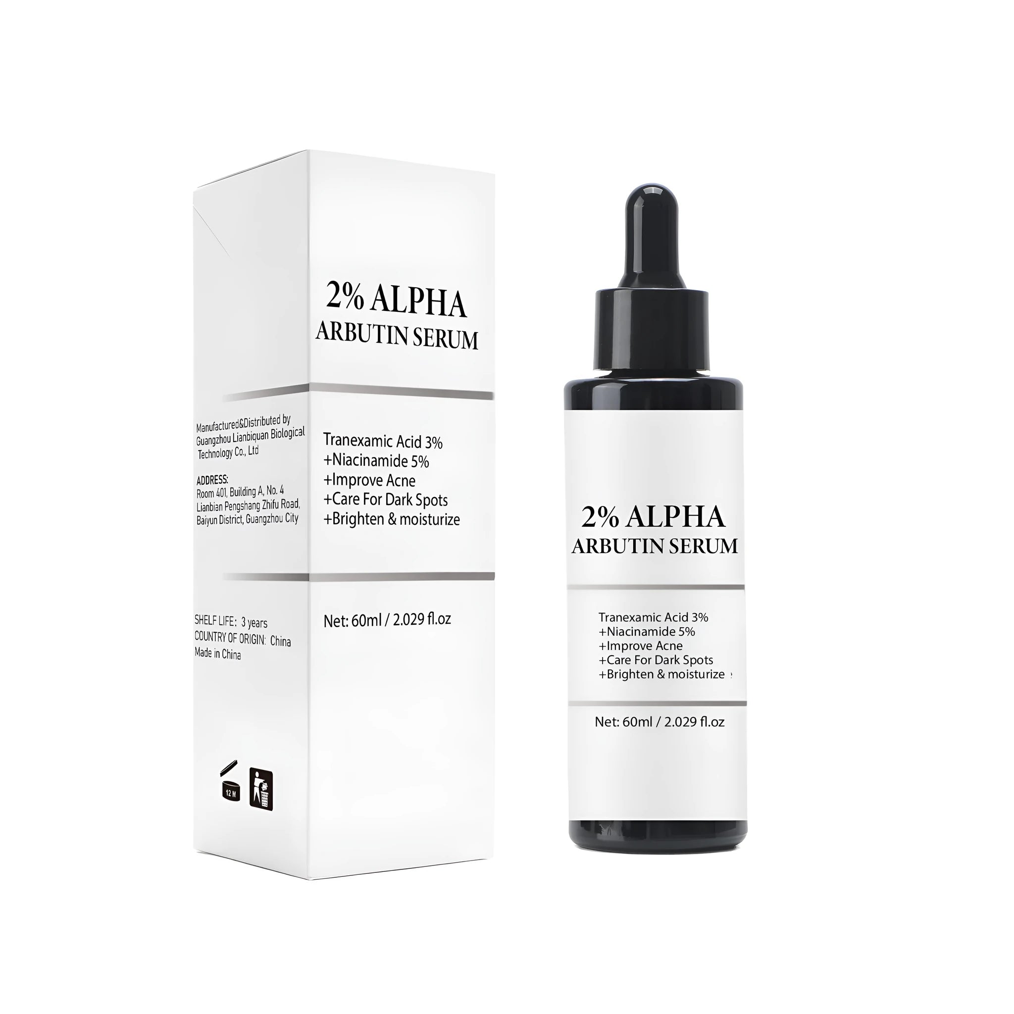 60ml bottle of Alpha-arbutin hydrating and moisturising facial care solution.