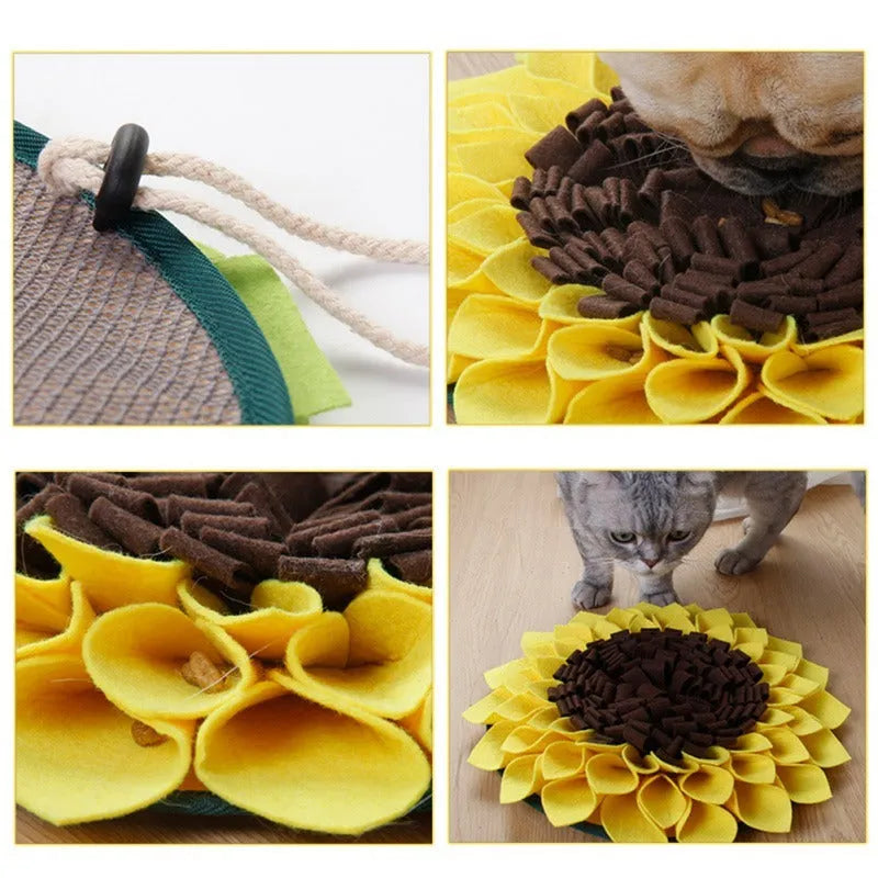 Yellow sunflower snuffle mat for dog nosework training with rope attachment