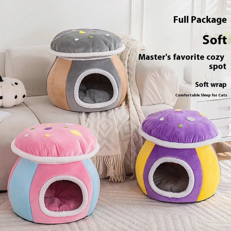 Plush grey mushroom-shaped cat bed with a detachable rabbit fur blanket inside.