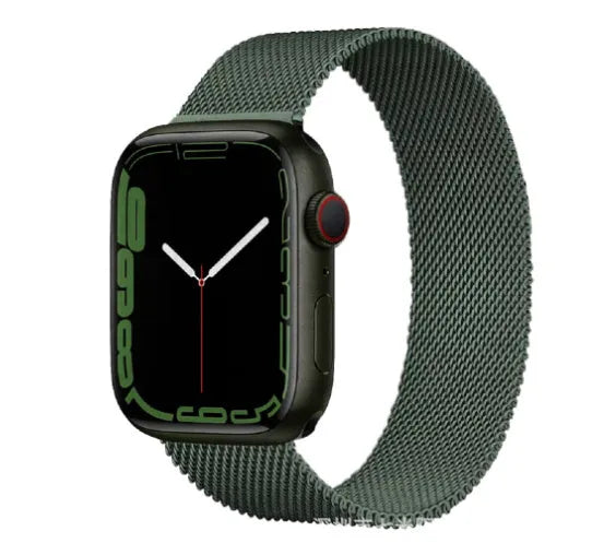 Stainless steel Apple Watch replacement strap in silver, showing metal links and clasp for 38mm-44mm models.