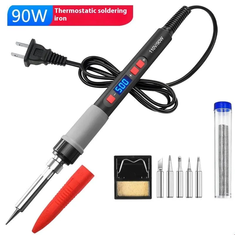 Grey 90W electric soldering iron with ceramic heating core, five tips, sponge, and pen holder for electronic repairs