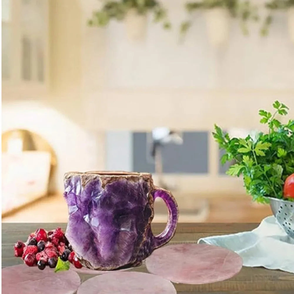 Purple and blue resin coffee mug with crystal texture and handle on wooden table