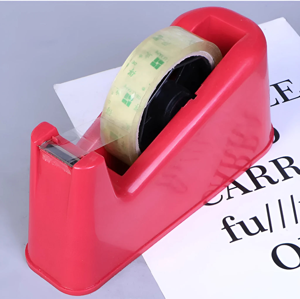 Dual-purpose tape cutter with PS body and stainless steel blade on a desk