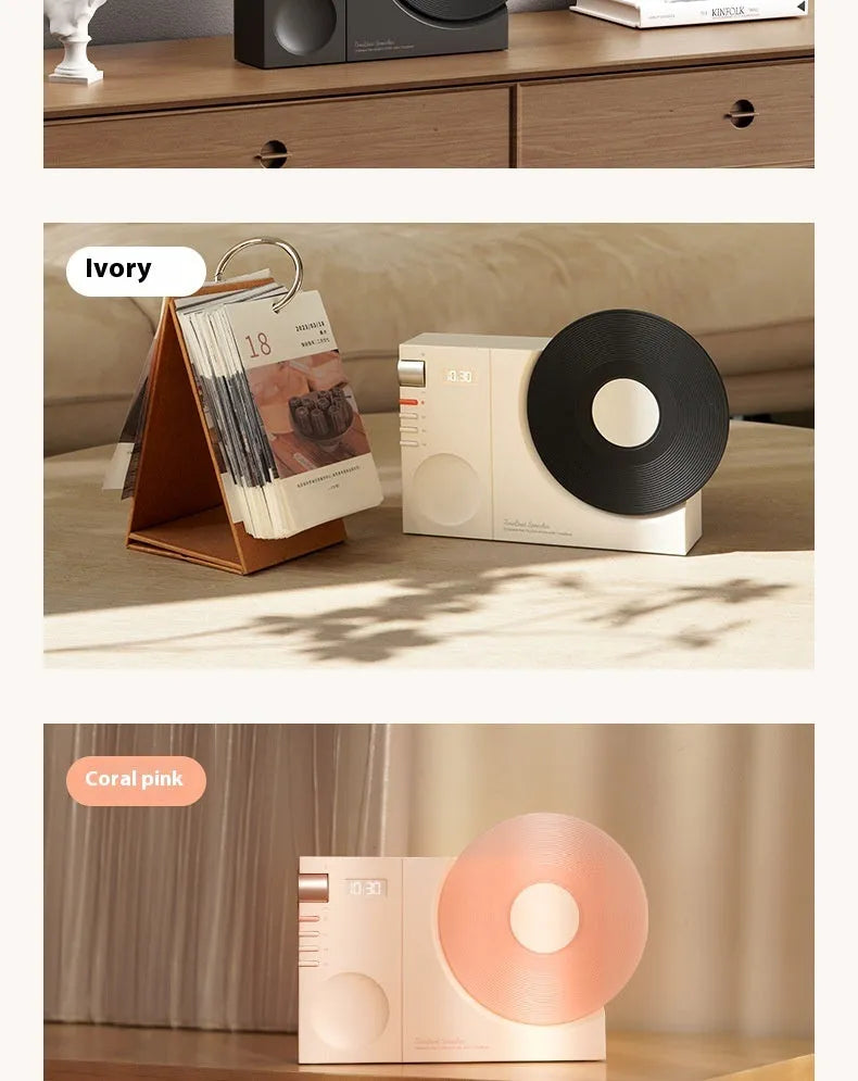 Mini Bluetooth speaker in obsidian black, ivory white, coral pink, and plum green colours