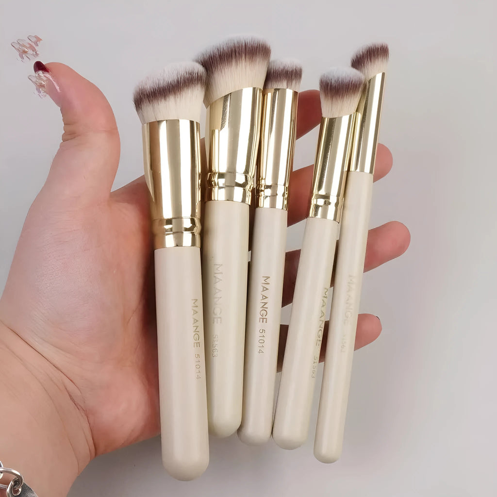 MAANGE five-piece angled blush brush set with apricot handles for powder and cream makeup application