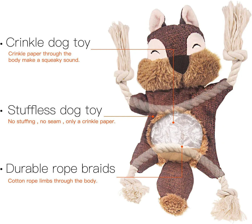 Brown fox dog toy with squeaker in head, crinkle body, and cotton rope arms and legs