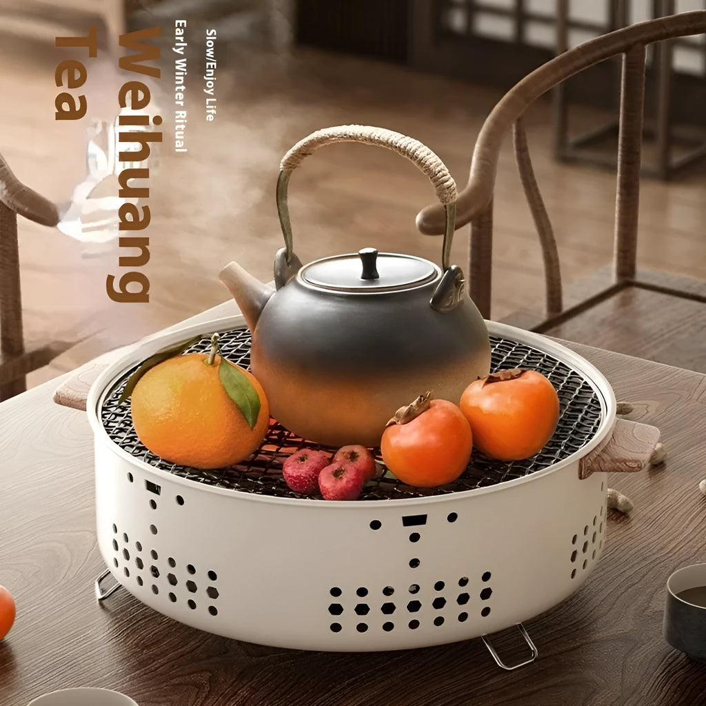 Indoor portable carbon steel tea cooking stove with grill rack for 3-5 people