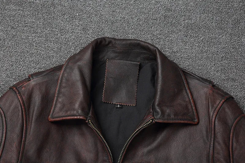 Men's short motorcycle coat in reddish brown genuine cowhide leather with stonewashed distressed finish