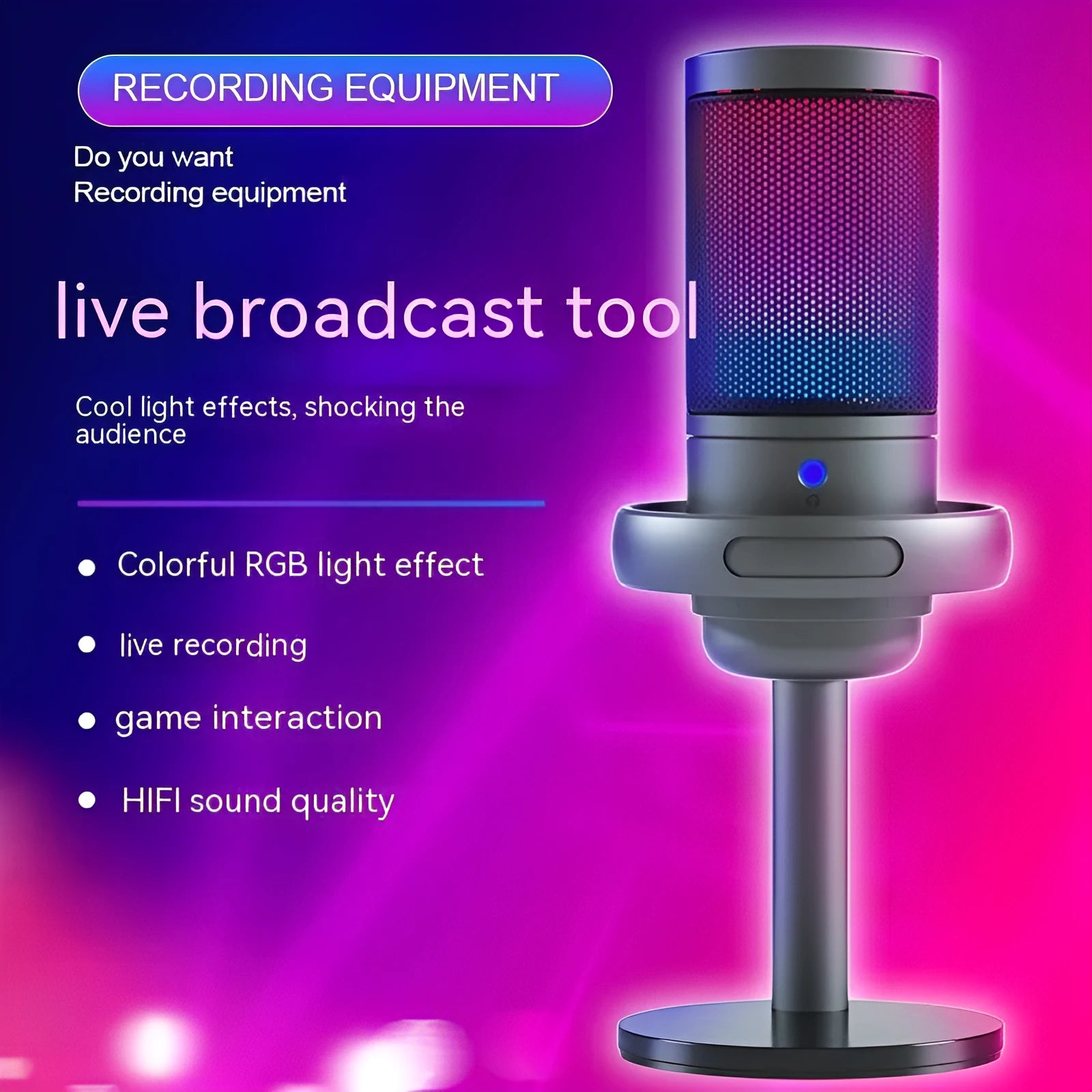 RGB condenser USB microphone for computer streaming in black, white, or pink colours