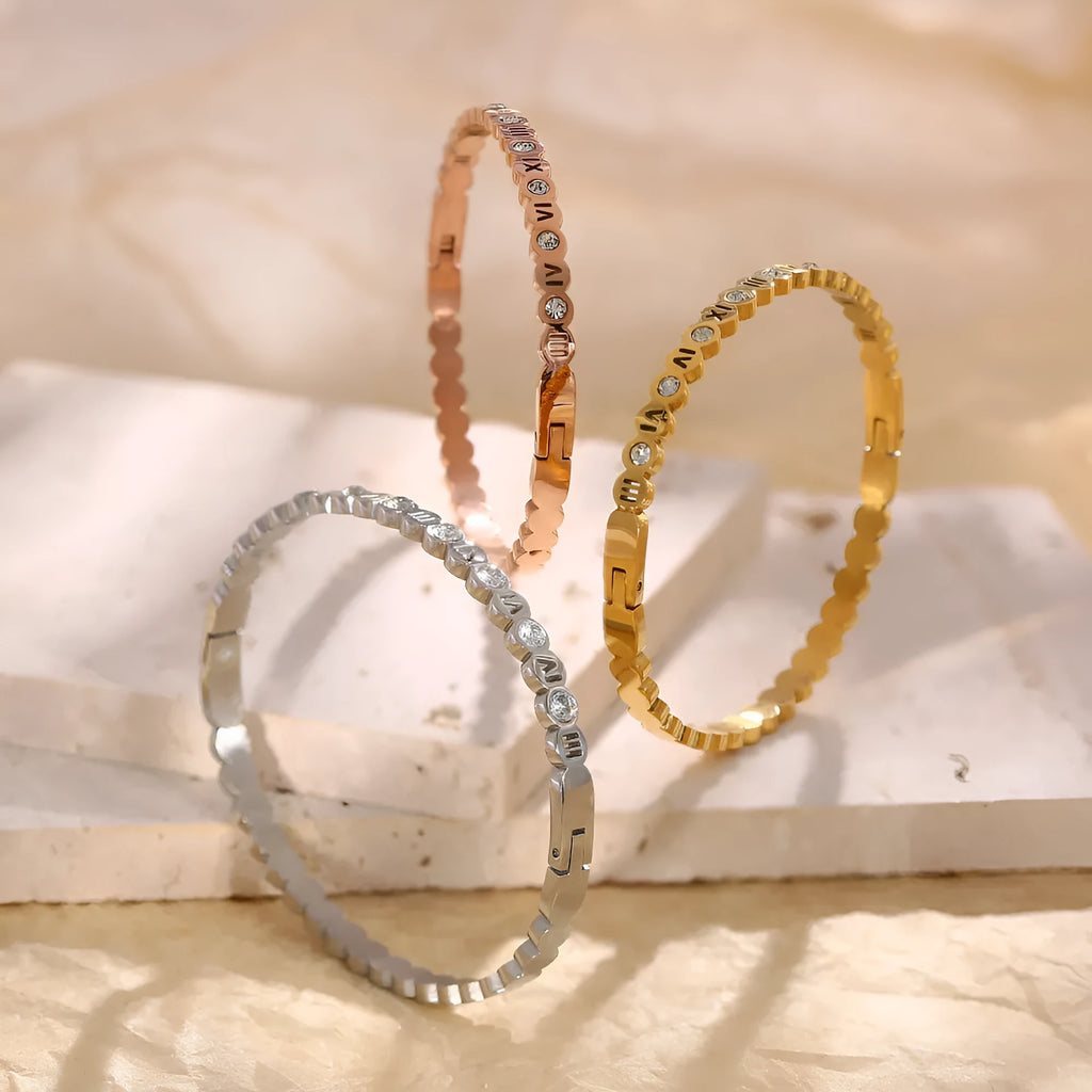 Korean style titanium steel bracelet with number details in gold, rose gold, or steel colour.