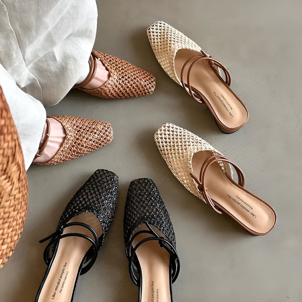 Women's black retro chunky heel slippers with square toe and breathable hollow-out design on artificial PU upper.