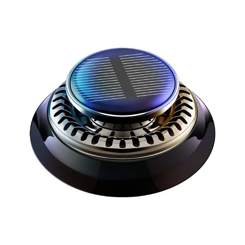 Solar-powered kinetic car air freshener with rotating double rings on a black plastic base.