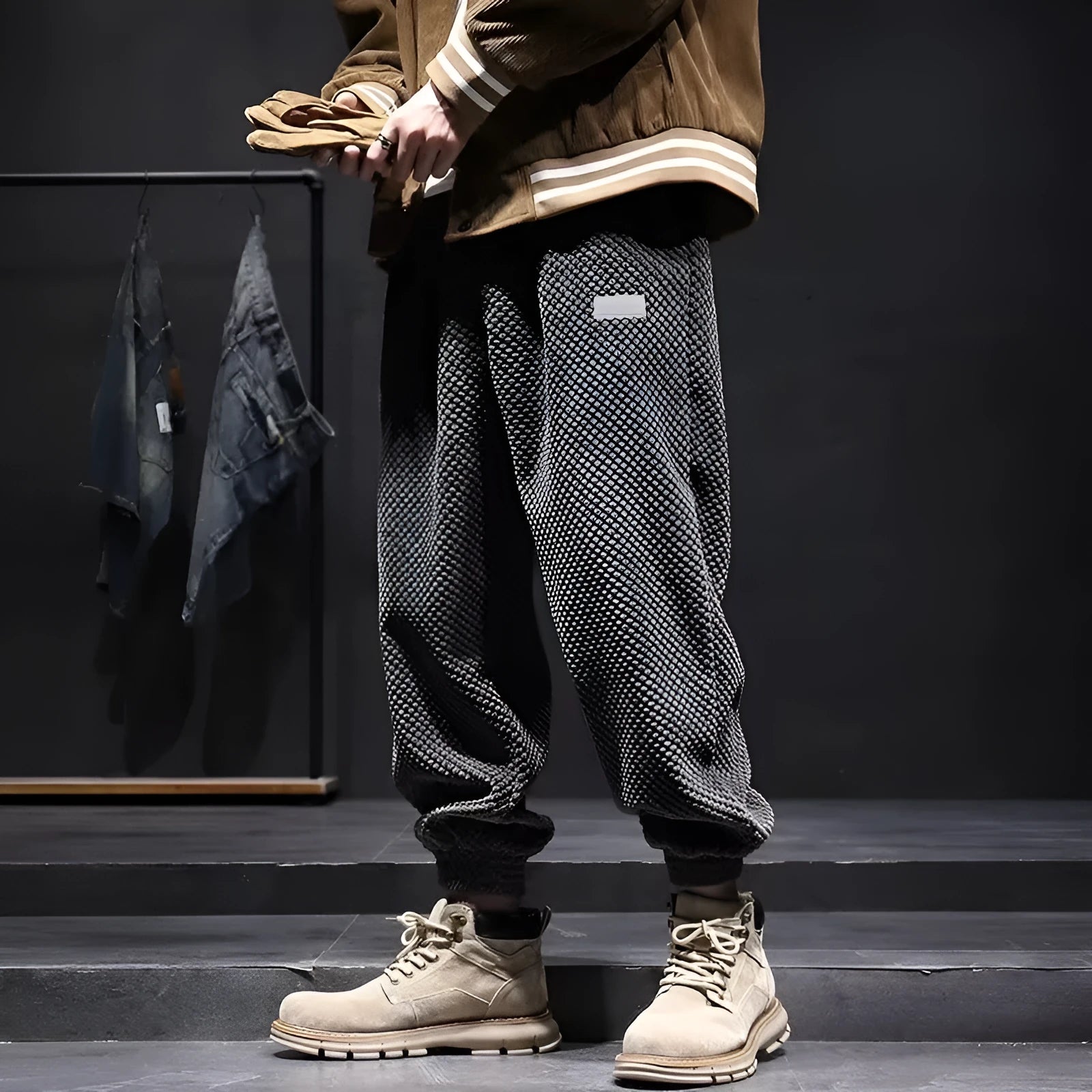 Men's ankle-tied casual sweatpants in black or grey straight-leg style